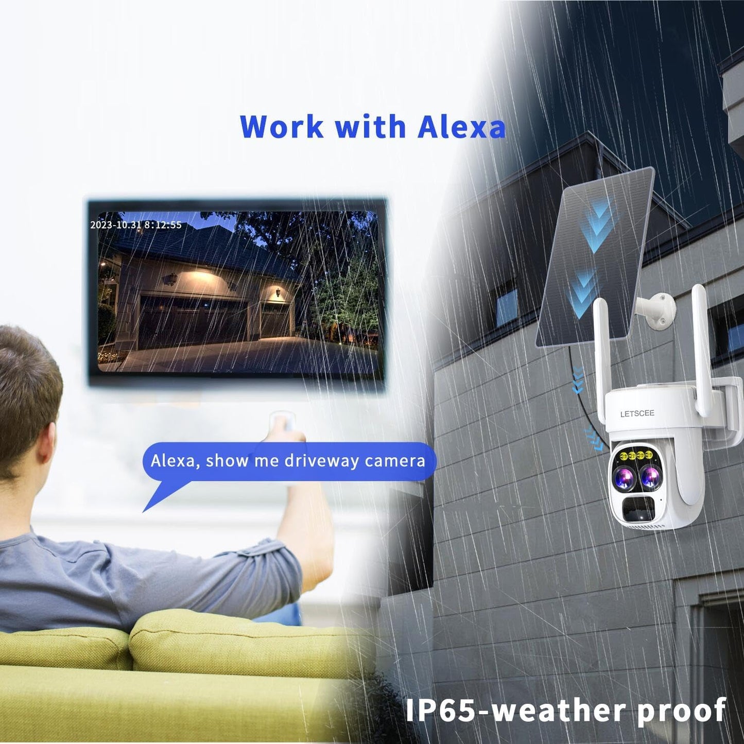 Security Cameras Wirelss Outdoor Solar Powered for Home Security, 360 View Outside Camera,Motion Detection,10x Hybrid Zoom PAN Tile,IP-65 Weather Proof (4 Pack)