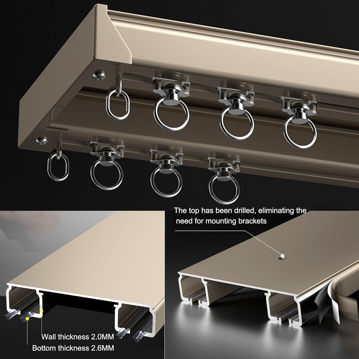 Ceiling Mounted Curtain Track System - Double Rails for Curtains & Drapes - Room Dividers - Sliding Curtain Rail for Window (champagne, 2m)