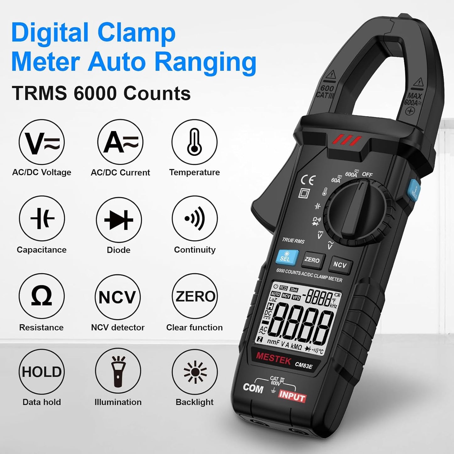 MESTEK Clamp Meter, Digital Clamp Multimeter Voltage Tester TRMS 6000 Counts Current Amp Volt Meter, Voltmeter Measures NCV AC DC Current Voltage Resistance Capacitance Temperature Diodes Continuity