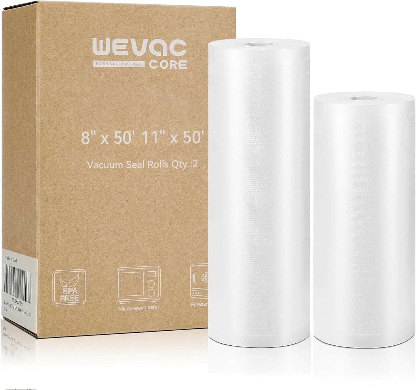 Wevac Vacuum Sealer Bags 8x50, 11x50 Rolls 2 pack for Food Saver, Seal a Meal, Weston. Commercial Grade, BPA Free, Heavy Duty, Great for vac storage, Meal Prep or Sous Vide