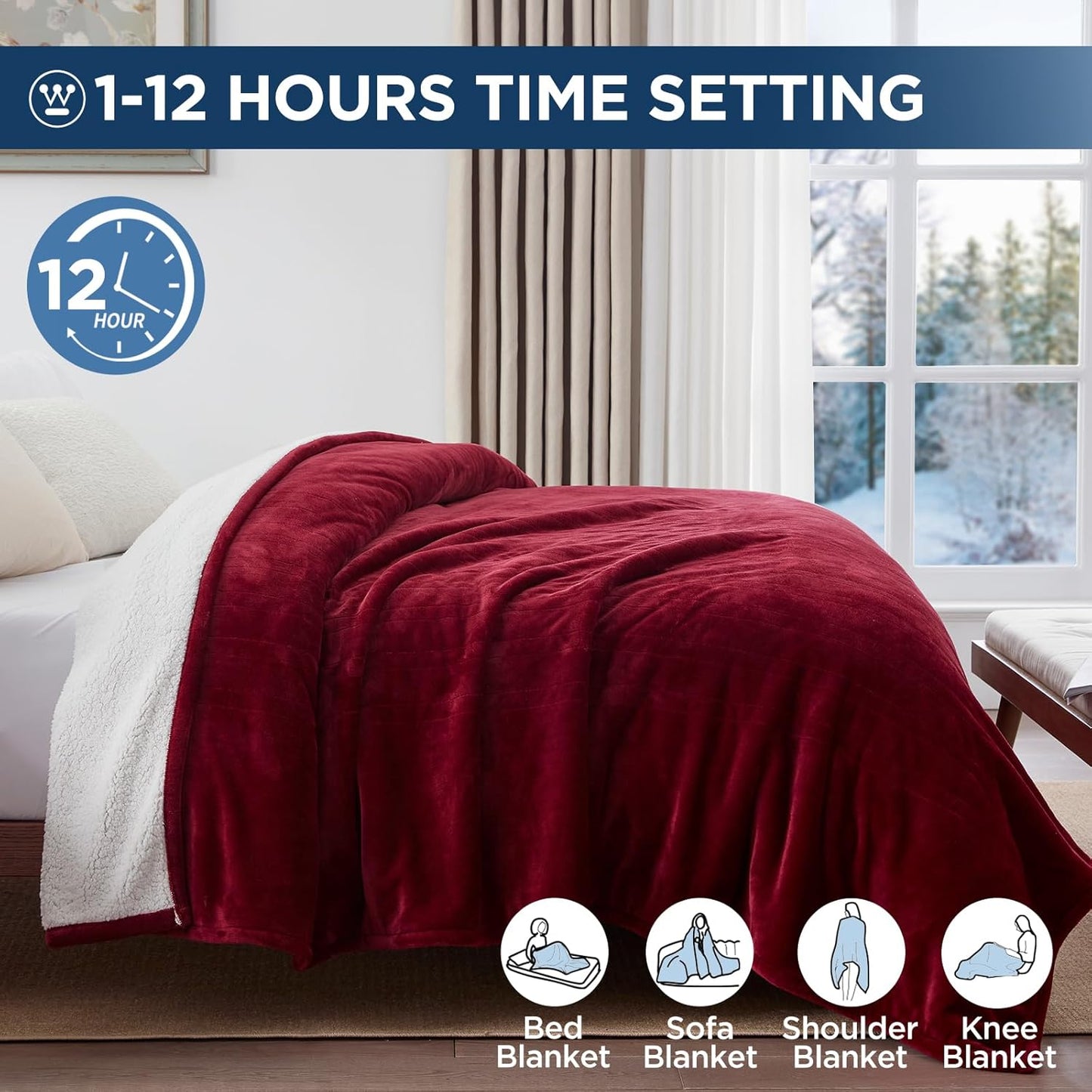 Westinghouse Electric Blanket Queen, Heated Blanket Queen Size with 10 Heating Levels and 1 to 12 Hours Heating Time Settings, Flannel to Sherpa Reversible, Machine Washable (84" x 90", Red)