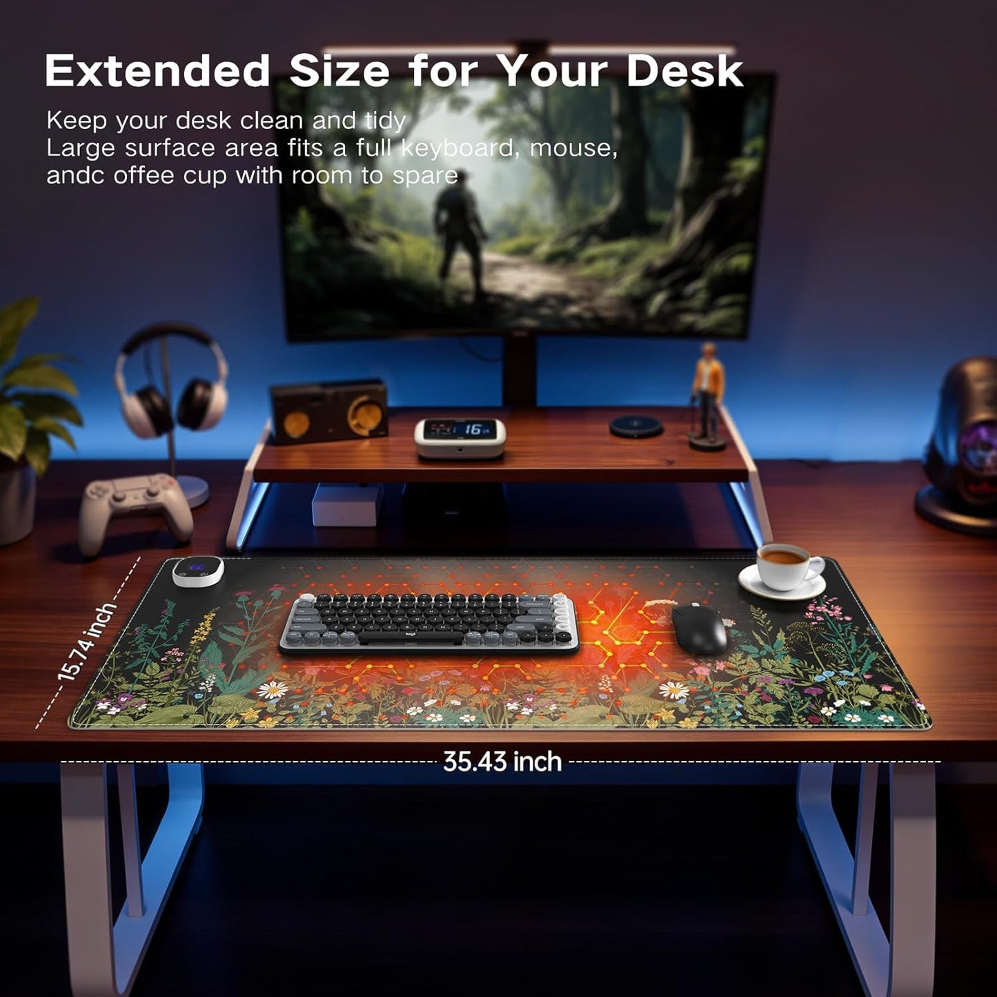 iCasso Heated Desk Pad,Heated Mouse Pad Hand Warmer, XXL Mousepad, Desk Protector Mat with 4 Heating Levels for Computer Keyboard, 35.4" x 15.7" Large Mousepad for Home Office Work (Weeds)
