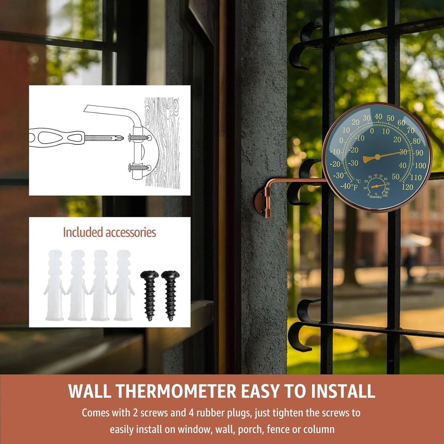 6-Inch Outdoor Thermometer and Humidity Gauge, Window Thermometer for Outside Temperature and Humidity Monitor, Brass Analog Dial, Battery-Free for Patio, Garage, Greenhouse, Garden, Wall