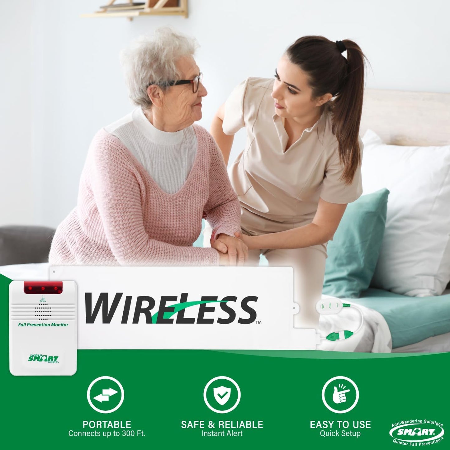 Smart Caregiver Wireless Bed Alarm System - Cordless Weight Sensing Bed Alarm Pad (10” x 30”) with Remote Alert Monitor, Free Individual Cleaning Wipes and Liberty 7 Day Pill Box