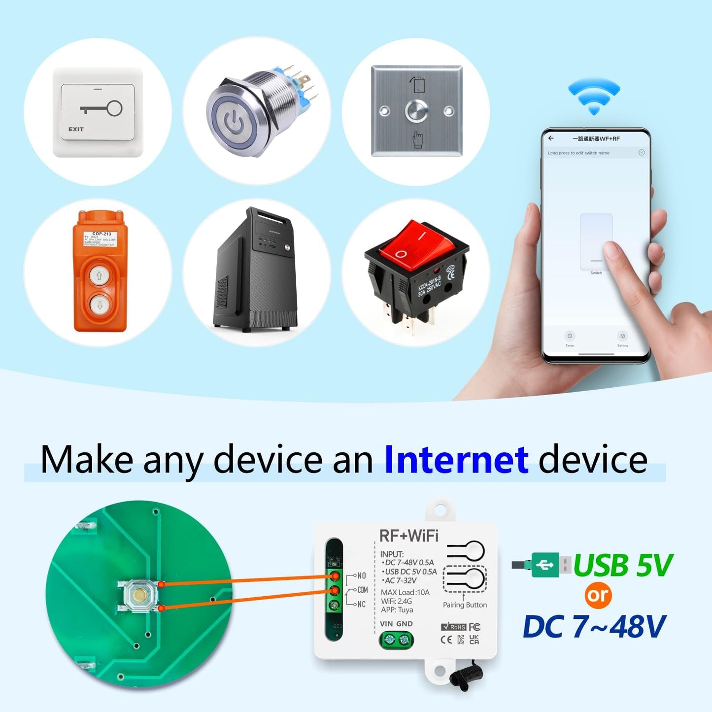 DieseRC Tuya 1 Channel WiFi Smart Switch, DC 5V 12V 24V 36V Passive Output Relay Module, with 2X RF Remote Control, Compatible with Alexa/Google Home