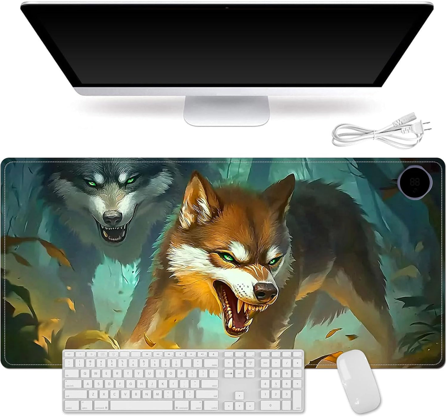 Small Heated Desk Pad 23.6" x 14.2" – Compact Electric Mouse Pad with 3 Heating Levels, Auto Shut-Off, Waterproof PU Surface, Plug-in Warmer for Office or Home Use, Forest Wolves
