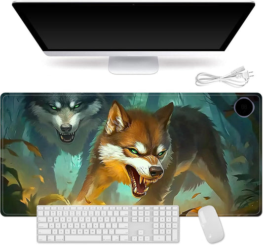 Small Heated Desk Pad 23.6" x 14.2" – Compact Electric Mouse Pad with 3 Heating Levels, Auto Shut-Off, Waterproof PU Surface, Plug-in Warmer for Office or Home Use, Forest Wolves