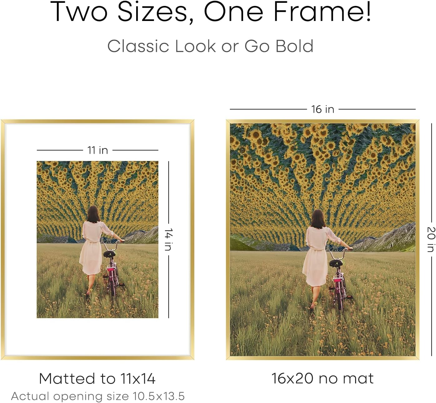 Homeforia 16 x 20 Picture Frame Gold, High End Metal 16x20 Poster Frames with Mat 11x14 Photo, 16 x 20 Gold Frame Matted to 11 by 14 Print, 20x16 Thin Hanging Frame, Tempered Glass, Wall Kit, Set of 4