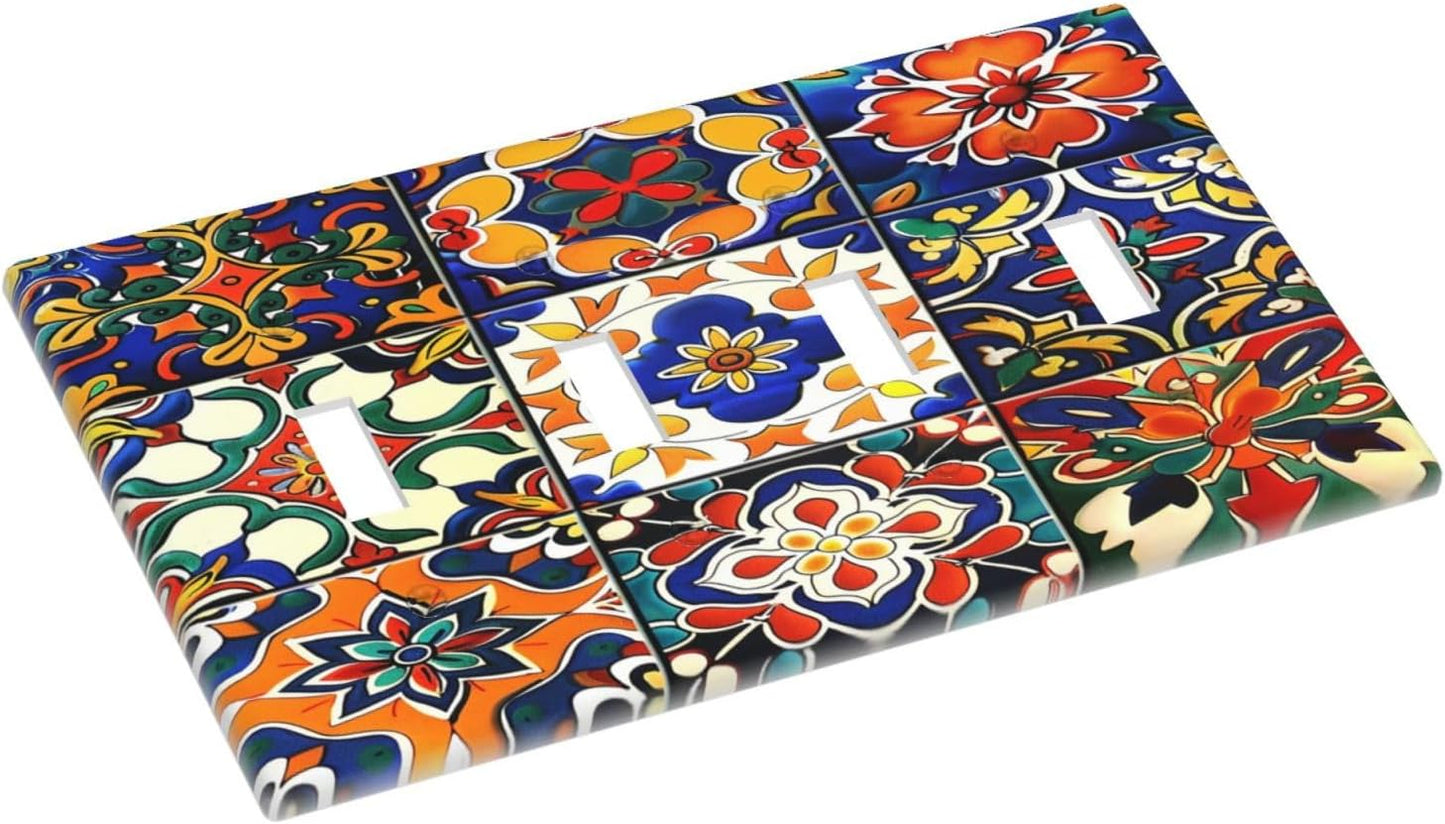 Light Switch Covers Colorful Mexican Talavera Vintage Boho Floral Quad Toggle Electrical Faceplate 4 Gang Wall Plate Decorative Switch Plates For Farmhouse Cabin Decor