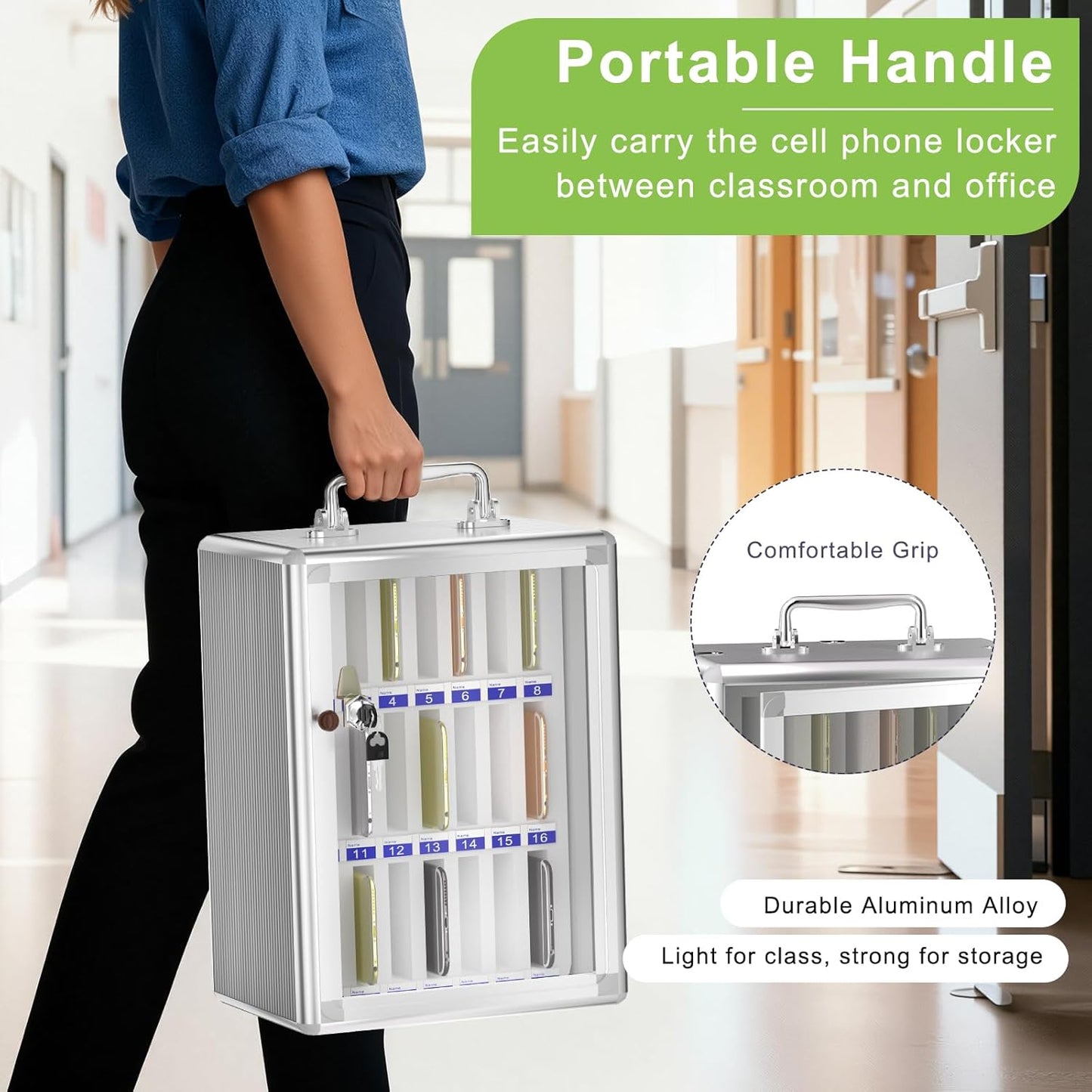 Loghot Aluminum Alloy Pocket Chart Cell Phones Storage Cabinet for Cell Phones, Wall-Mounted Cell Phone Locker Phone Holder with Lock for Classroom, Office, Can be Carried by Hand (24 Slots)