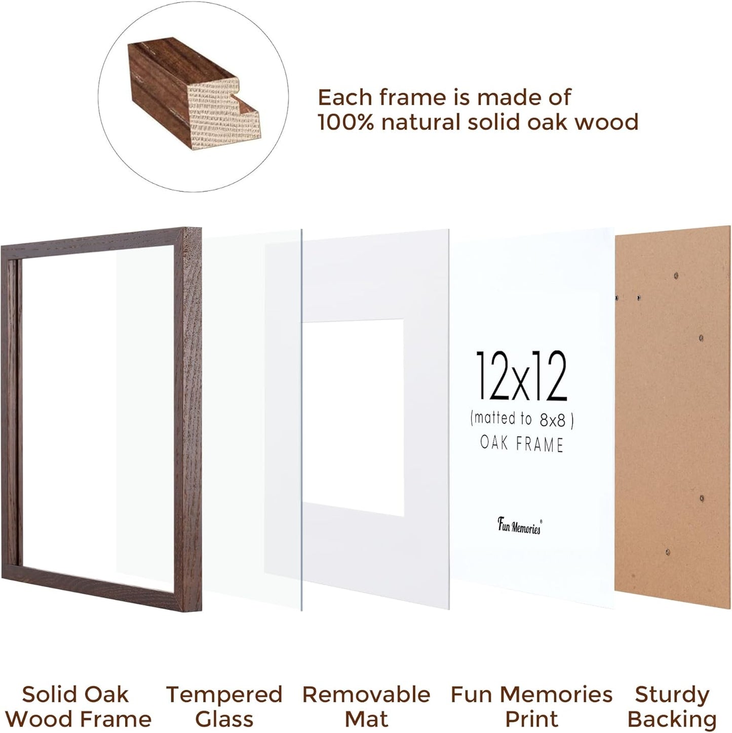 Fun Memories 12x12 Picture Frame Set of 3, Rustic Walnut Oak Wood Frame 12 x 12 with Tempered Glass, Wall Collage Frame 12 by 12