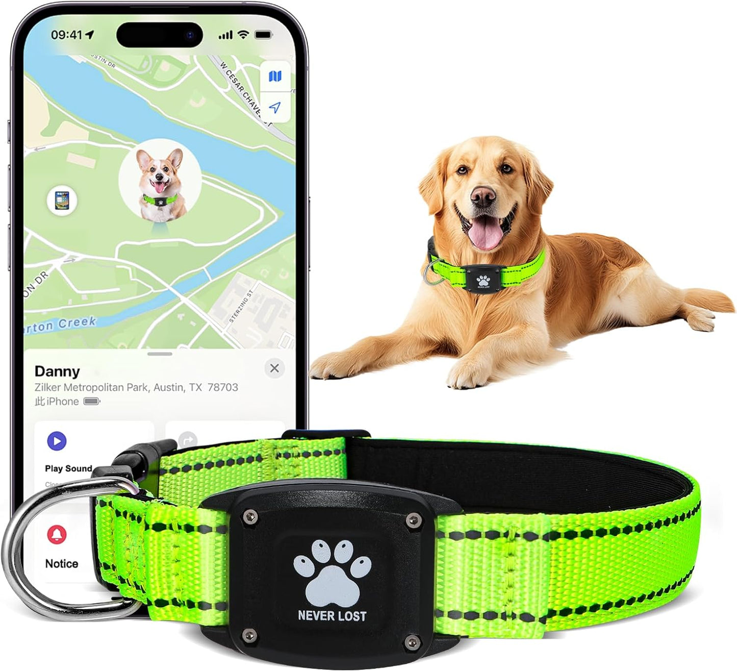 GPS Dog Collar Tracker 2-in-1,Reflective Waterproof Pet Collar,iOS-Only,No Monthly Fees,Unlimited Range,Ideal for Dog Tracking pet Tracker,for Small Dogs(S (12.6"-16.5" Width:0.78"), Green)