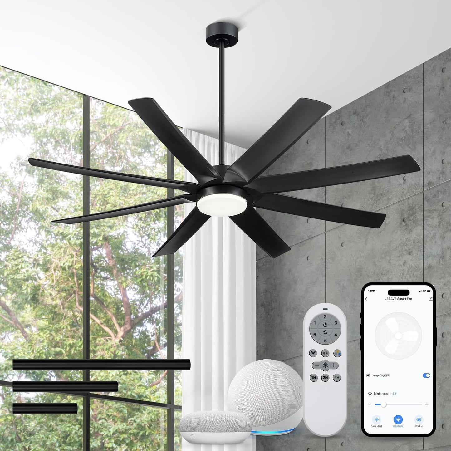 70 Inch Ceiling Fans with Lights, Smart Ceiling Fan with Voice Control, 8 ABS Blades, Reversible DC Motor, 3CCT Dimmable Black Ceiling Fan for Patio, CF01-BK