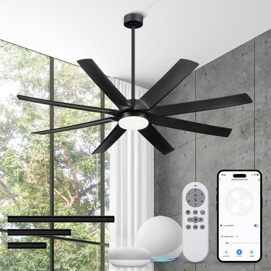70 Inch Ceiling Fans with Lights, Smart Ceiling Fan with Voice Control, 8 ABS Blades, Reversible DC Motor, 3CCT Dimmable Black Ceiling Fan for Patio, CF01-BK