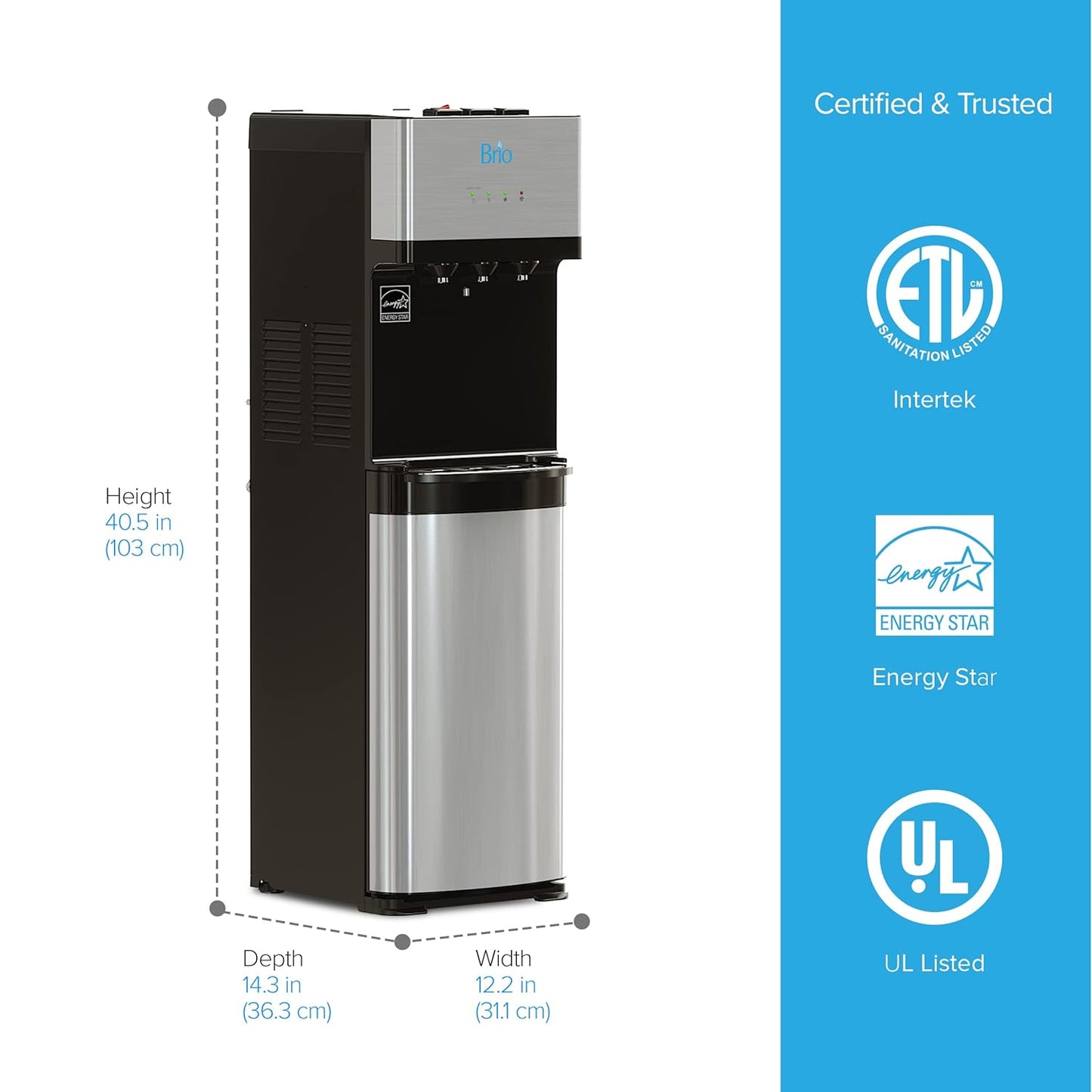 Brio 520 UV Self-Cleaning Bottleless Water Cooler Dispenser, UL Certified | Built-in 2 Stage Filtration (2 Free Replacement Filters Included) Reduces PFAS & Microplastics | 3 Temp (Hot Cold, Room)