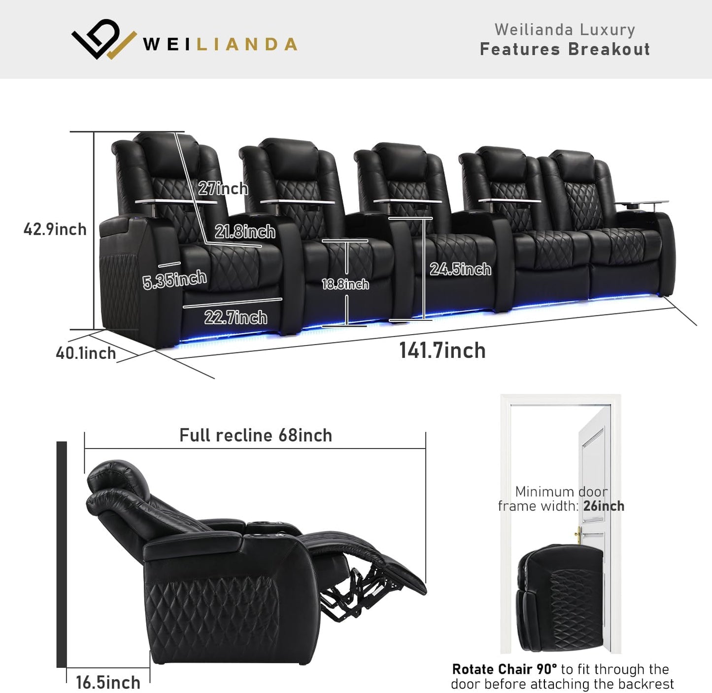 Weilianda Home Theater Seating Top Grain Leather Zero Gravity Recliner Chair Power Headrest Recline Movie Seat Gaming 7 Colors Mood Light Sofa with Tray Table USB Charge Row of 5 Loveseat Right Black