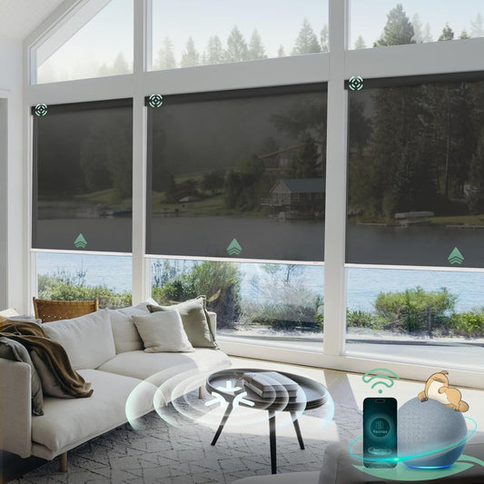 Yoolax Smart Blinds, Motorized Matter Solar Shades Flame Resistat Automatic Blinds for Windows Motorized Shades Compatible with Alexa, Google Home, Homekit(Solar-5% Openness Black)