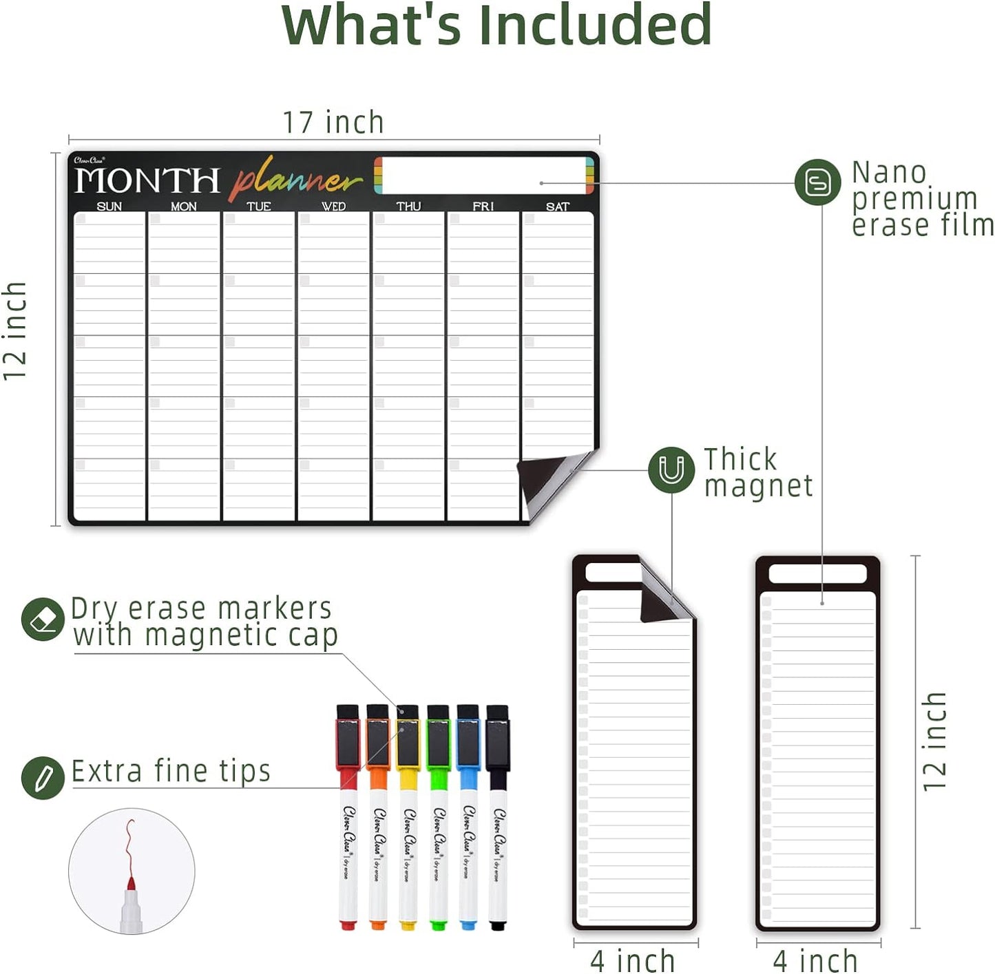 Magnetic Dry Erase Monthly Calendar - 17"x12" Monthly Calendar for Fridge - 4"x12" List Board 2 Pcs - 6 Extra Fine Point Markers Included - Shipped Flat