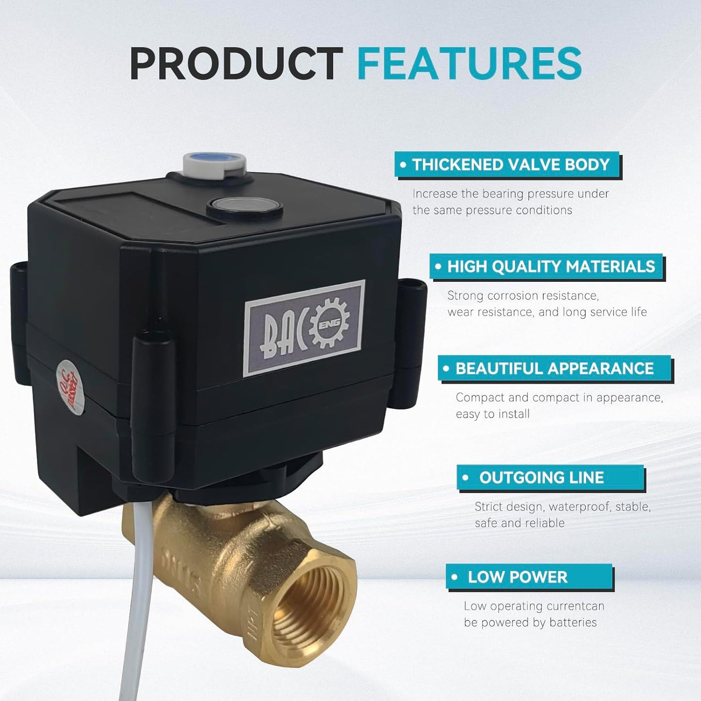 BACOENG Motorized Ball Valve, 2 Wire Auto Return 1/2" Brass Electrical Ball Valve with Full Port, AC/DC9-24V Manually Closable (Normally Closed), Black