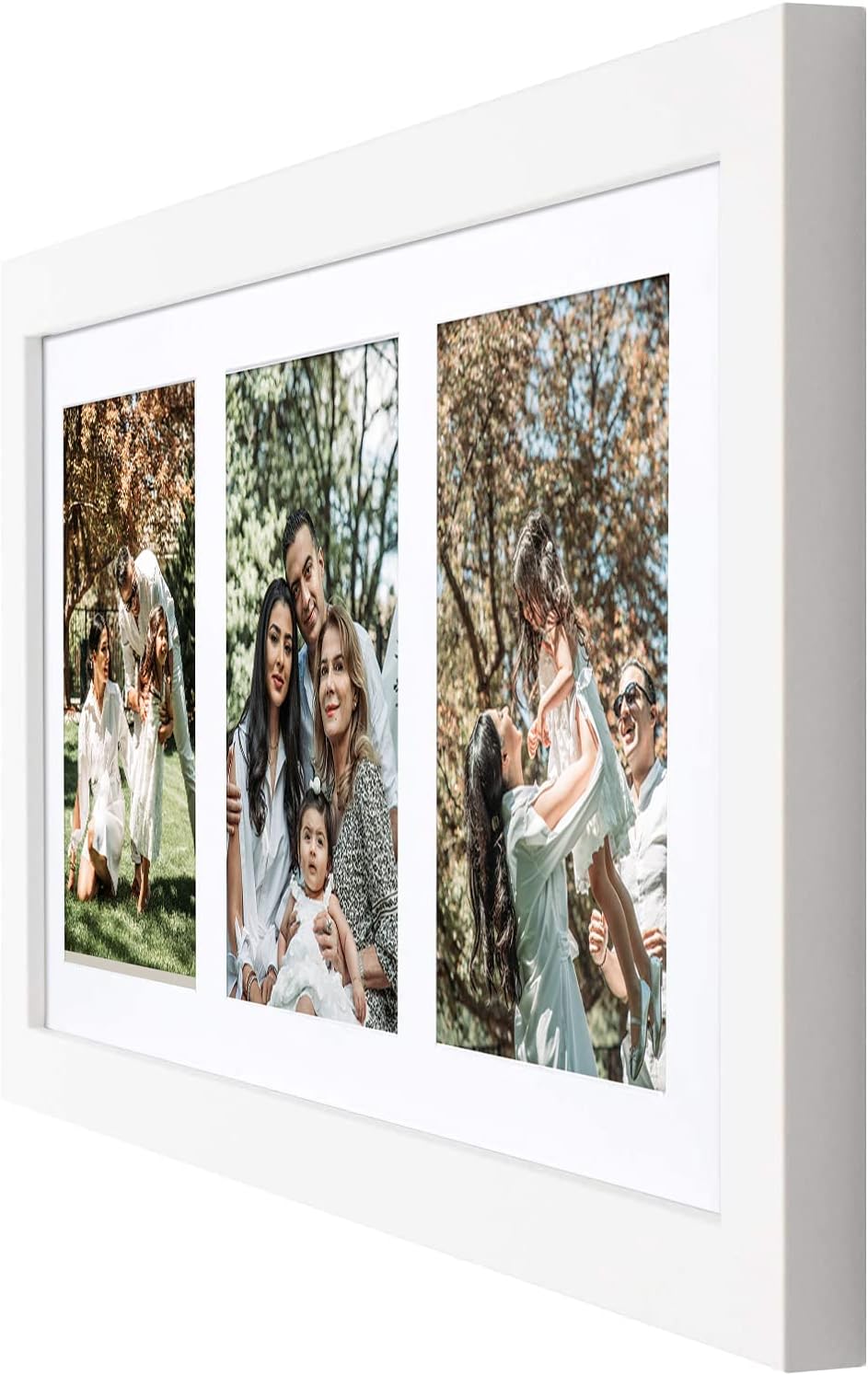 Golden State Art, Set of 3, 9x18 White Wood Frame - White Mat for Three 5x7 Pictures - Sawtooth Hangers- Swivel Tabs - Wall Mounting - Landscape/Portrait - Real Glass - Collage Frame