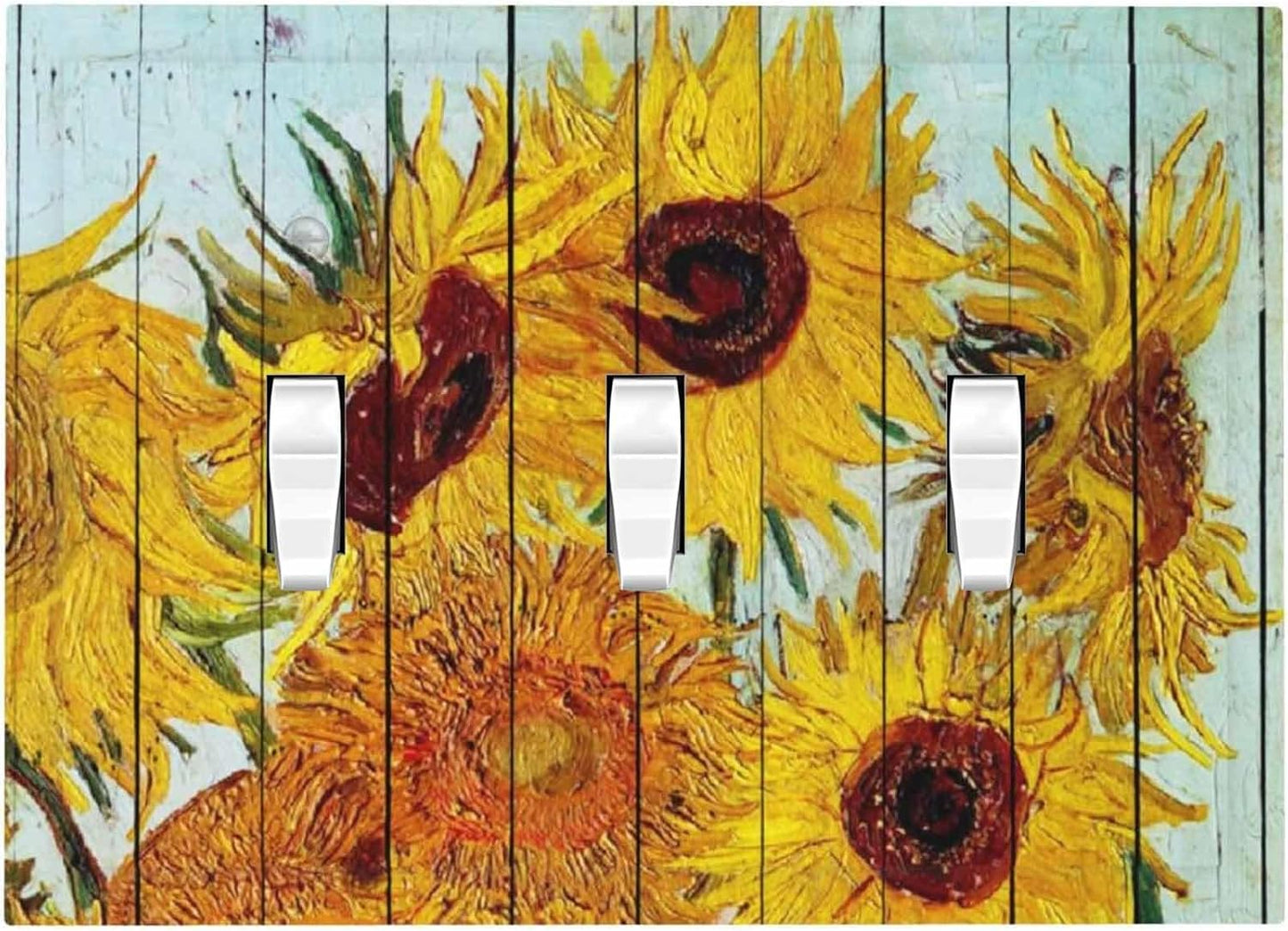 Decorative Switch Plates Sunflowers Oil Paintings Wood Floral 3 Gang Wall Plate Triple Toggle Light Switch Cover Faceplate Electrical Wall Panels For Farmhouse Bed Room Decor