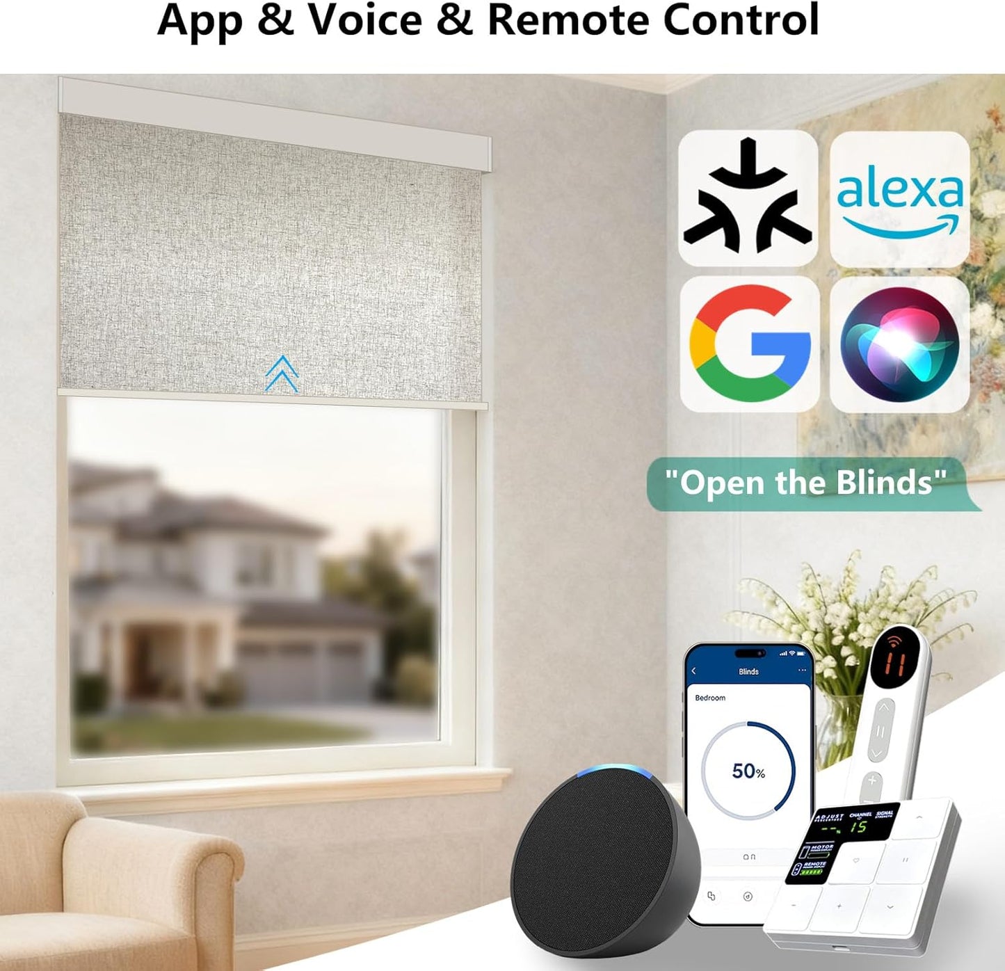 Smart Motorized Blinds – 70% Blackout Roller Shades with Remote, Alexa/Google Home/Siri Control, Matter Compatible, Wireless Rechargeable Battery, Custom Sizes for Windows & Sliding Doors