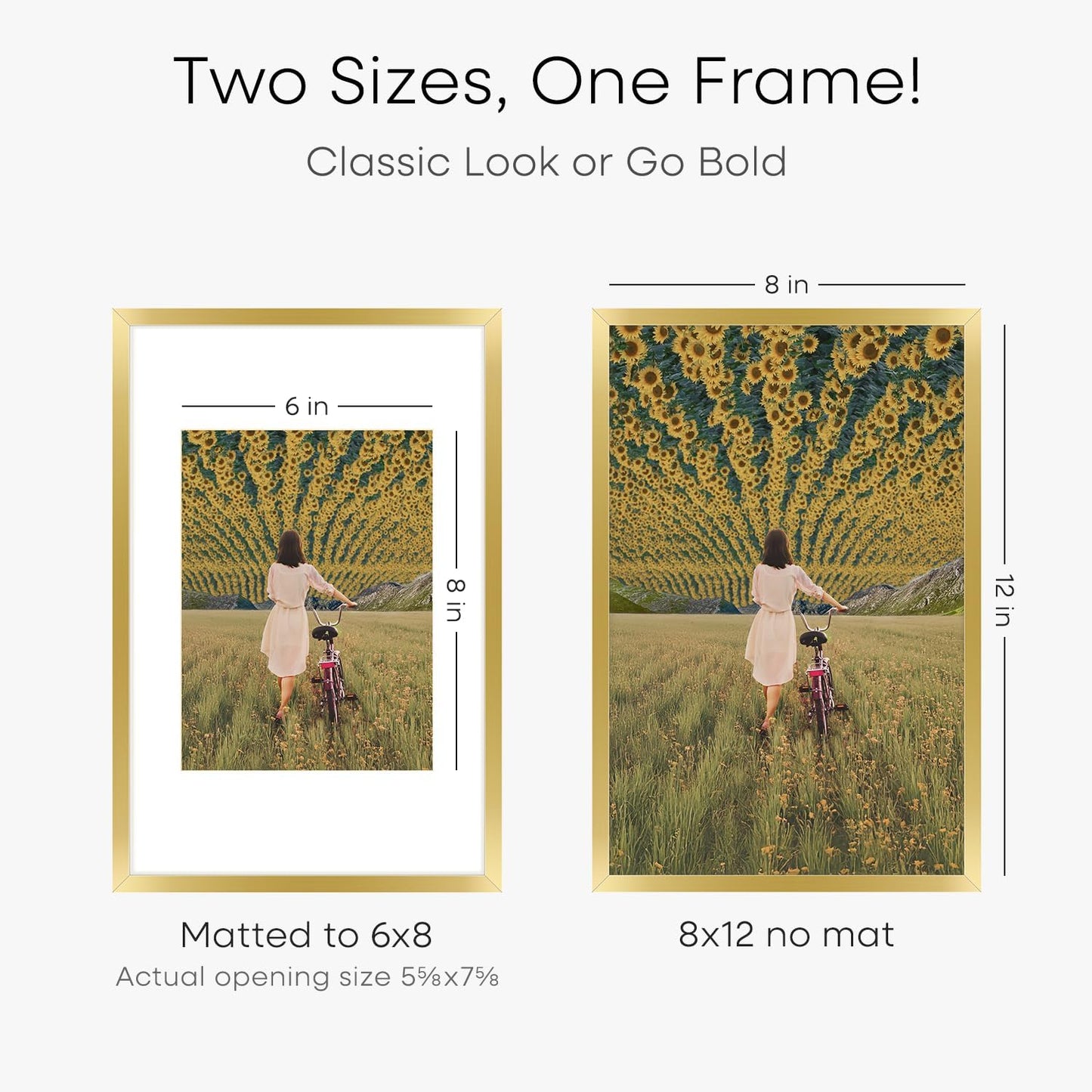Homeforia 8x12 Picture Frame Gold, High End Metal 8 x 12 Poster Frames with Mat 6 by 8 for Photo, 12x8 Frame Matted to 6x8 inch Print, 8by12 Wall or Tabletop Frames, Tempered Glass, Wall Kit, Set of 3