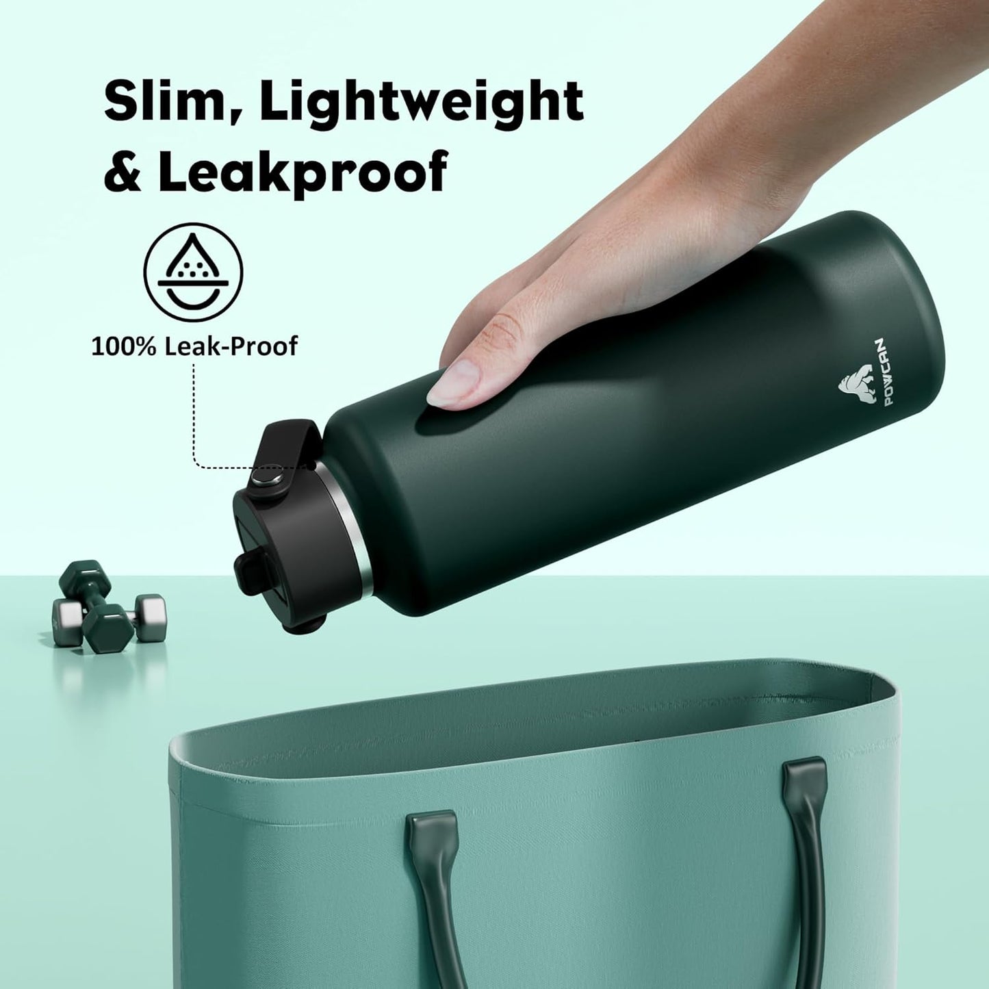 POWCAN 24 oz Water Bottle Insulated: BPA-Free, Leakproof Lid with Straw, Lightweight, Flex Cap, Stainless Steel Water Bottle for Sport, Hikig, Office, Commute, Worker, Walking, Cycling (Fir Green)