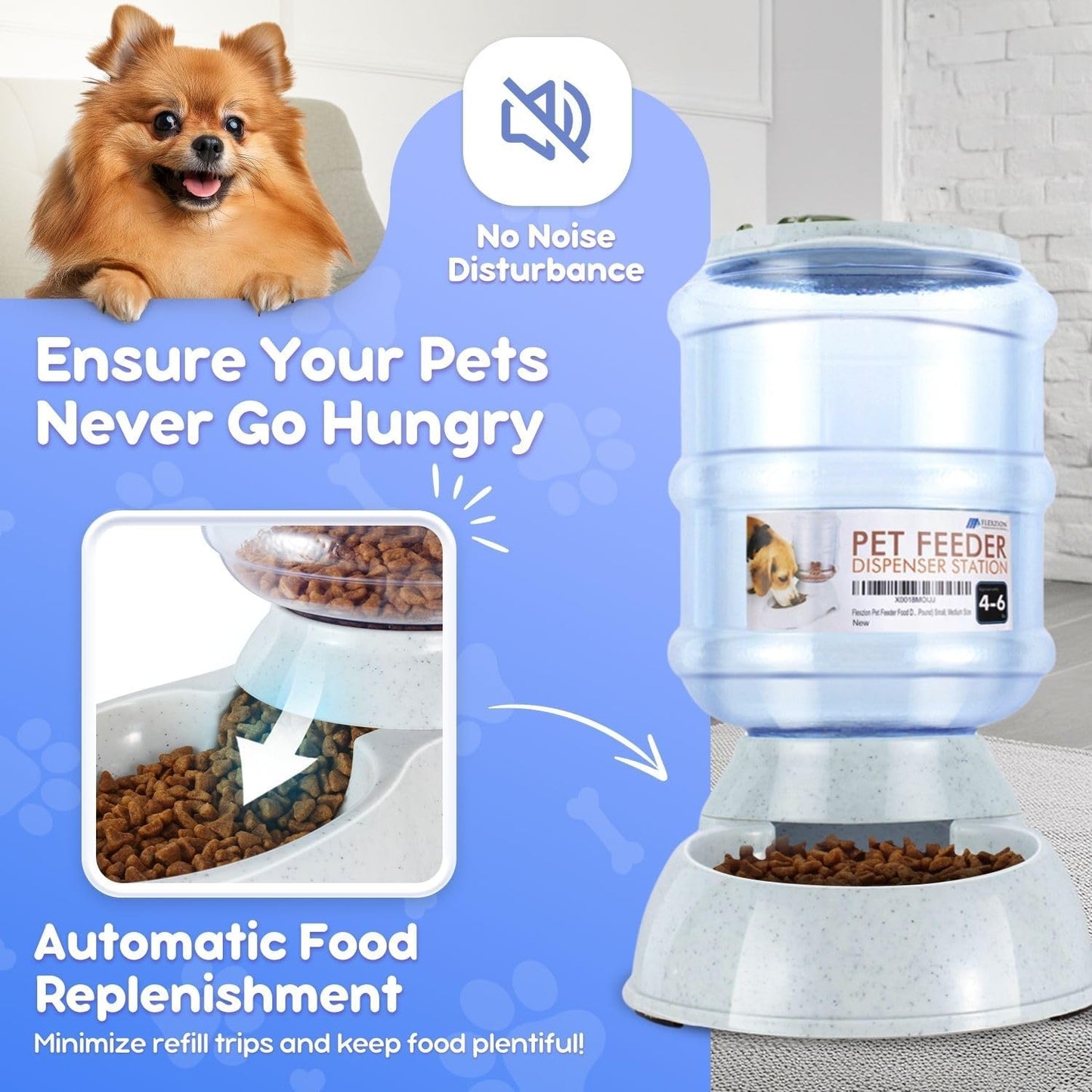 Flexzion Gravity Pet Feeder Food Dispenser (4-6 lb Size) for Dogs Cats Automatic Replenish Dry Food Storage Container Bowl for Small Medium Breed Dog Cat Animal Feeding Watering Fountain Supplies