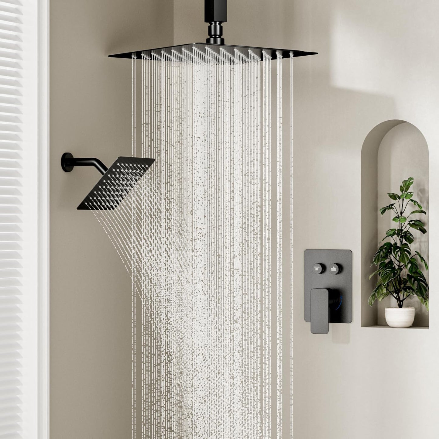 Shower Faucet Set Matte Black Shower System, STARBATH 10" Ceiling Mount Rain Showerhead and 6" Wall Mounted Rainfall Shower for Couples, On Off Button Valve Dual Head Shower Systems Complete