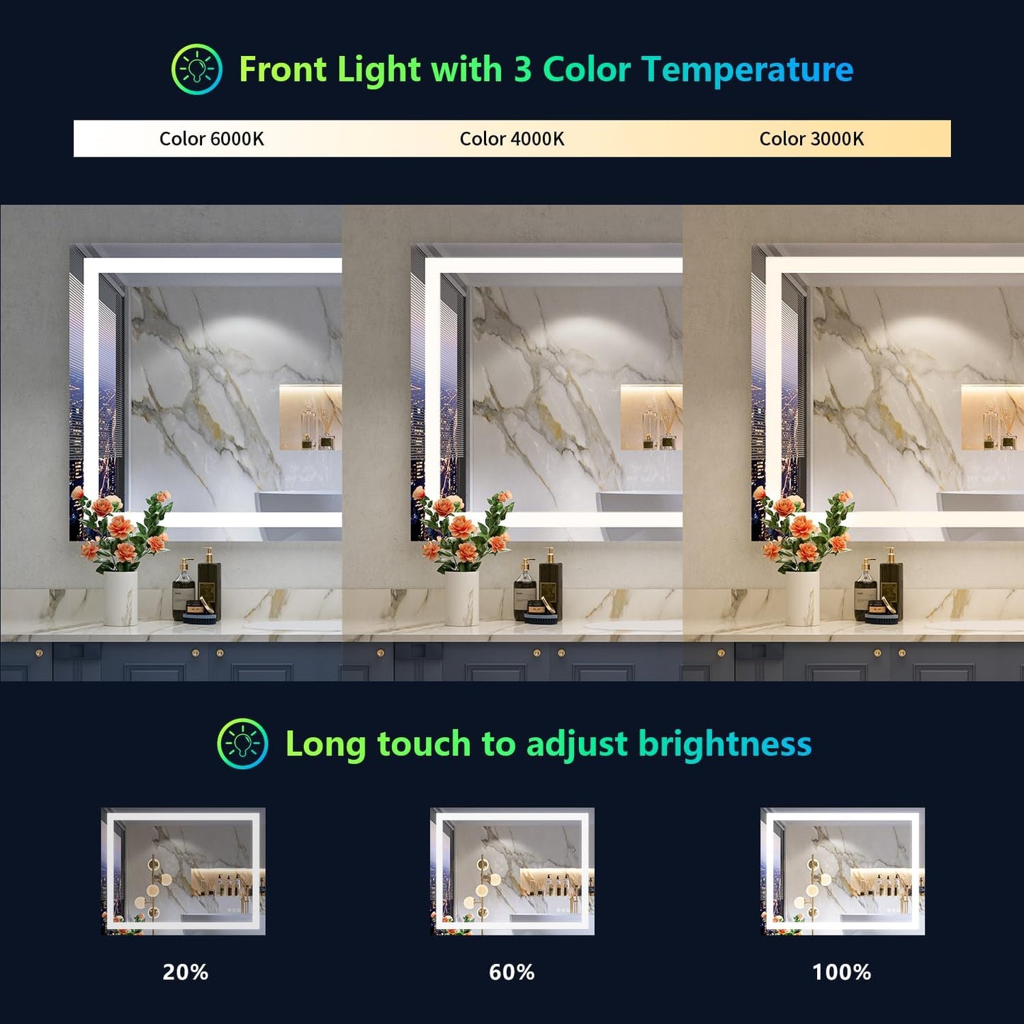 48x32 Inch RGB LED Bathroom Mirror Front Light and RGB Backlit Lighted Vanity Mirror for Bathroom Wall Mounted Dimmable Anti Fog Memory Shatter-Proof IP54 Waterproof Horizontal/Vertical