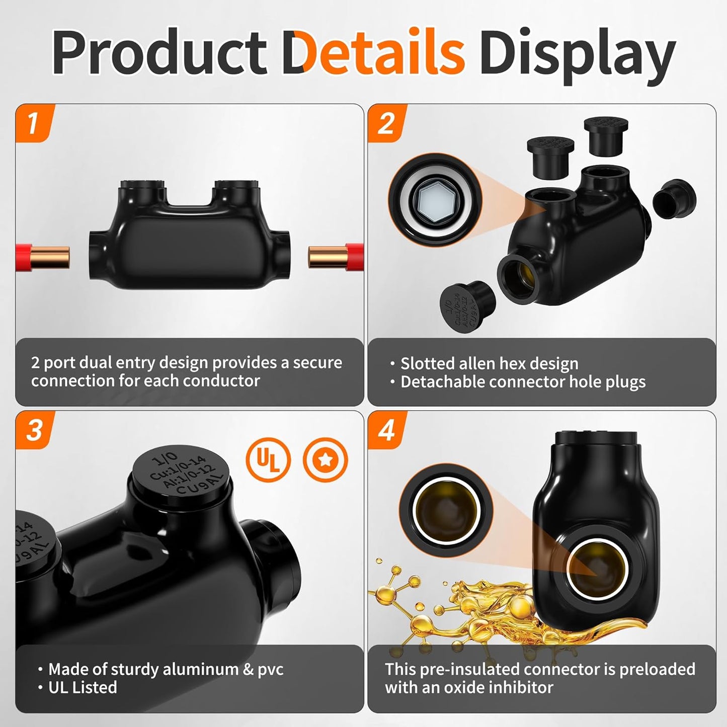 Joinfworld 2 Port Inline Splice Connector 1/0-14AWG Aluminum to Copper Wire Connectors Insulated Wire Connectors UL Listed Wire Cable Connectors with Slotted Allen Hex - 6 Pack
