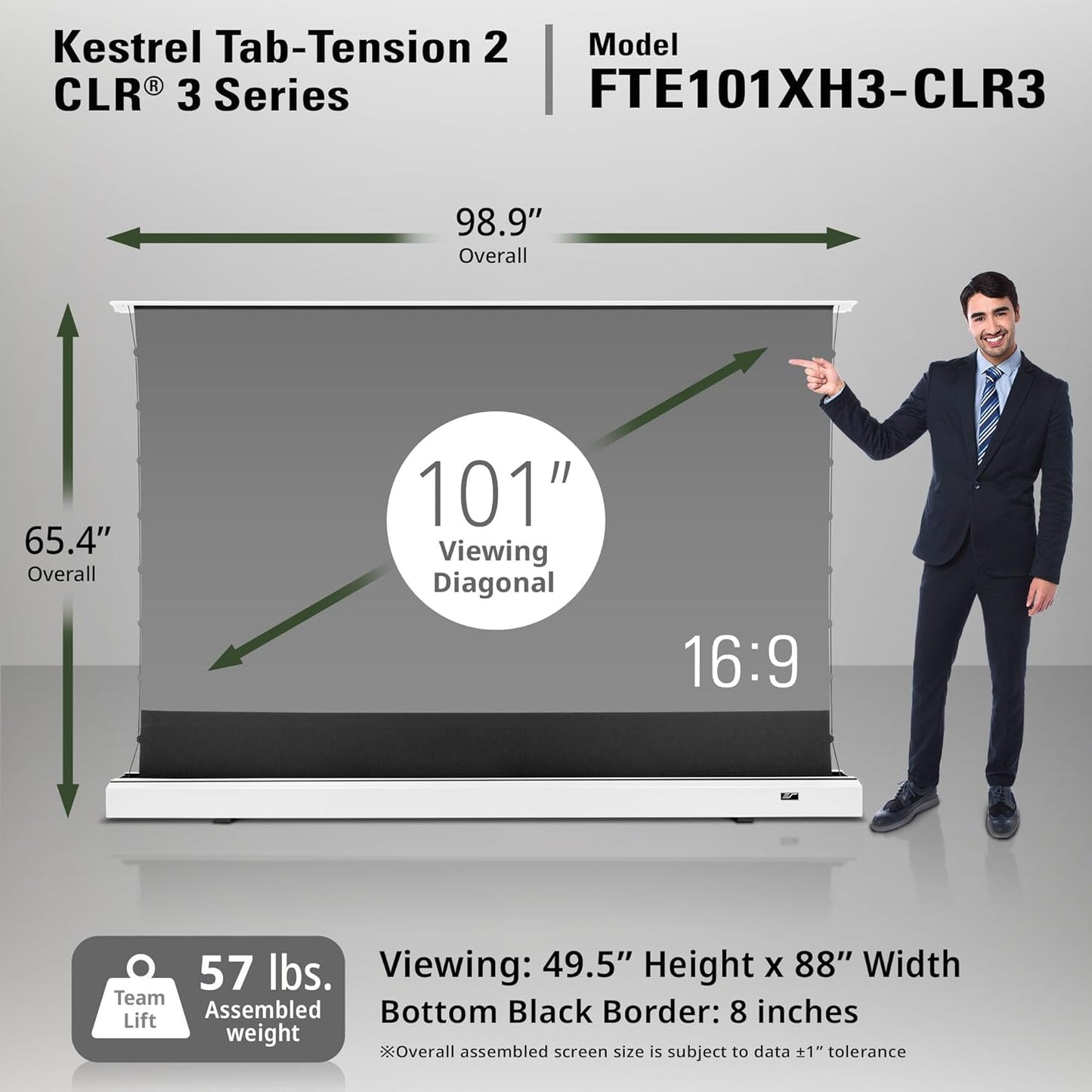 Elite Screens Kestrel Tab-Tension 2 CLR3, 101" 16:9, Ultra-Short Throw Ceiling Ambient Light Rejecting (CLR/ALR) Electric Floor-Rising Motorized Front Projector Screen,White Casing, FTE101XH3-CLR3