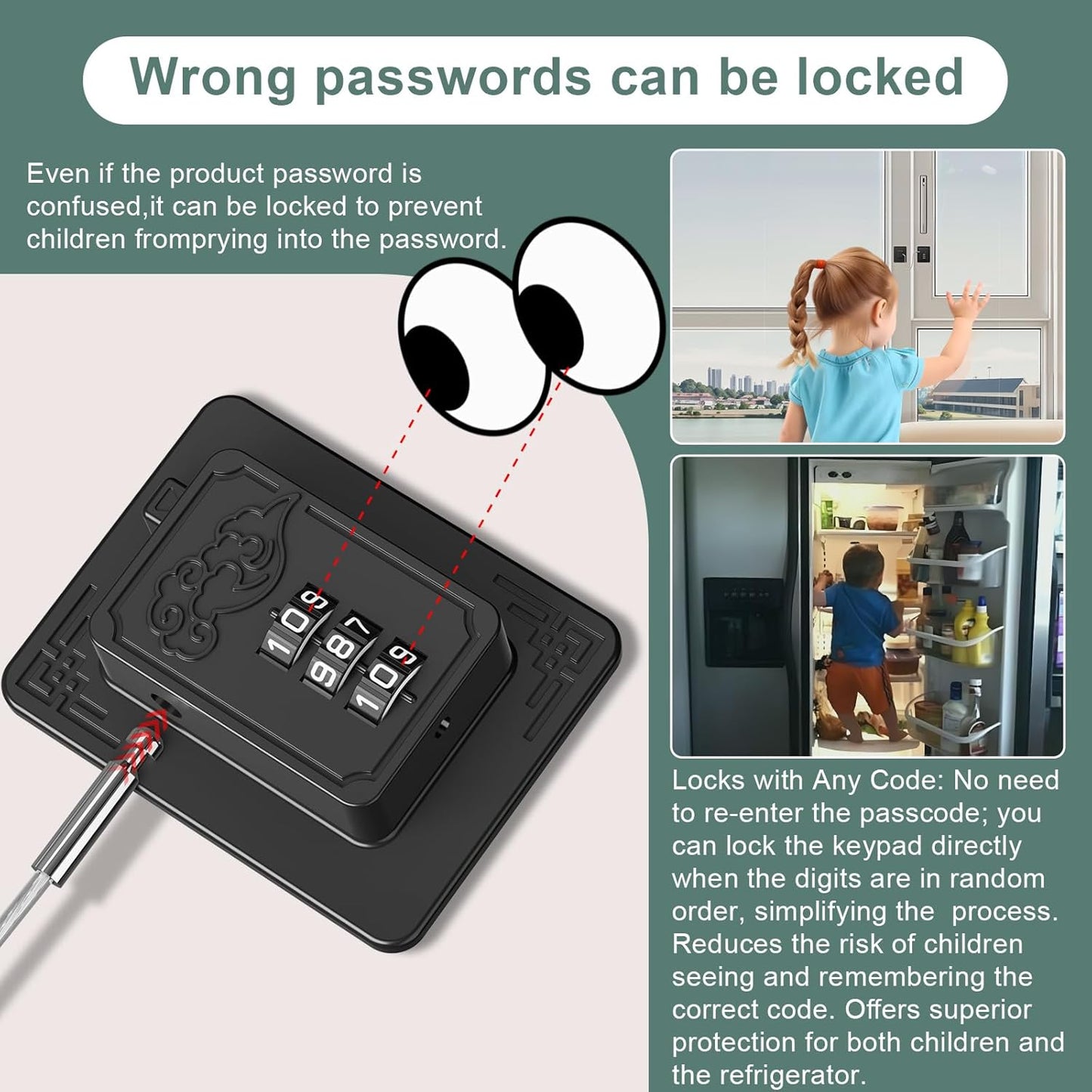 2-Pack Password Refrigerator Lock, Combination Child Proof Safety Lock，Baby Proofing fridge lock，Door Latches for Fridge Cabinet Drawer Closet, Freezer Lock No Keys Needed (Black)