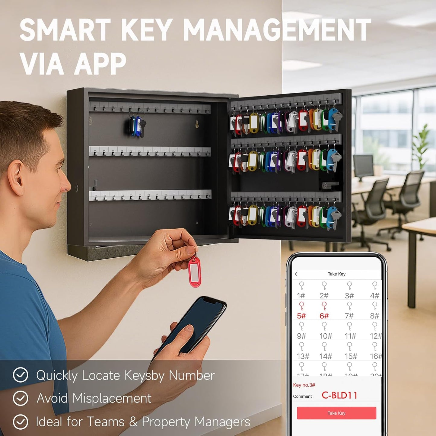 WeHere Smart Key Lock Box, Wall Mounted Key Cabinet with 90 Key Tags, Bluetooth App Control, OTP & Password Unlock, Wi-Fi Remote Unlock (Bridge Required), Steel Key Safe for Office Home Business