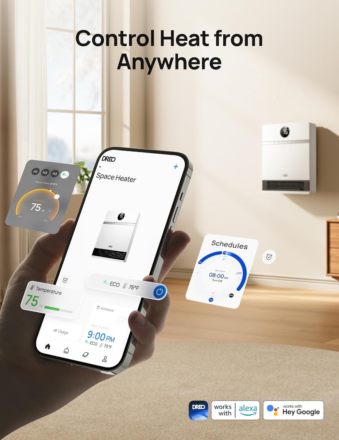 Dreo Smart Wall Heater, IP24 Electric Space Heater with ALCI Plug for Indoor Use, 30° Oscillation, Adjustable Thermostat, Remote Control, Works with Alexa, 24H Timer, Easy-mounted Heater for Bathroom