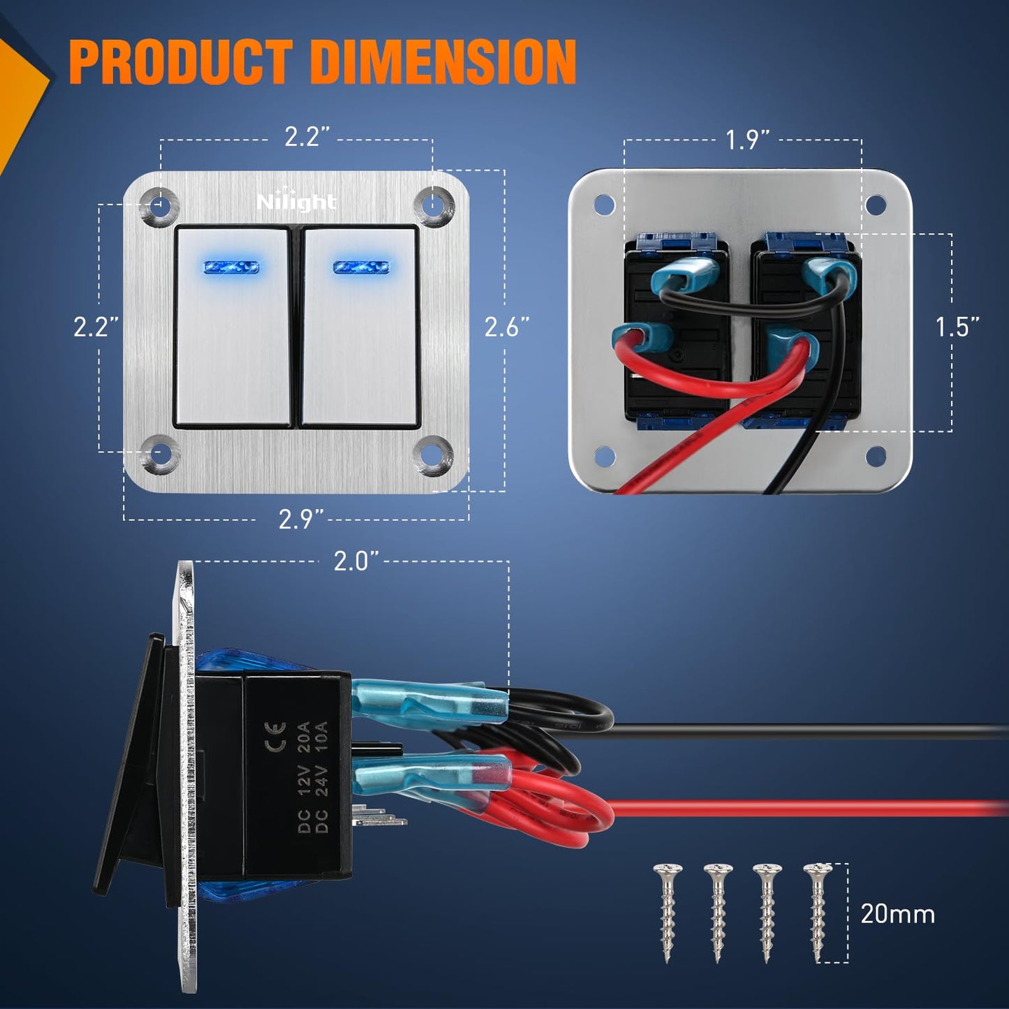 Nilight 2 Gang Rocker Switch Panel 3 Pin On Off Pre-Wired Blue LED Waterproof Aluminum with DIY Stickers for 12V 24V Automotive Cars Marine Boats UTV Truck Jeeps