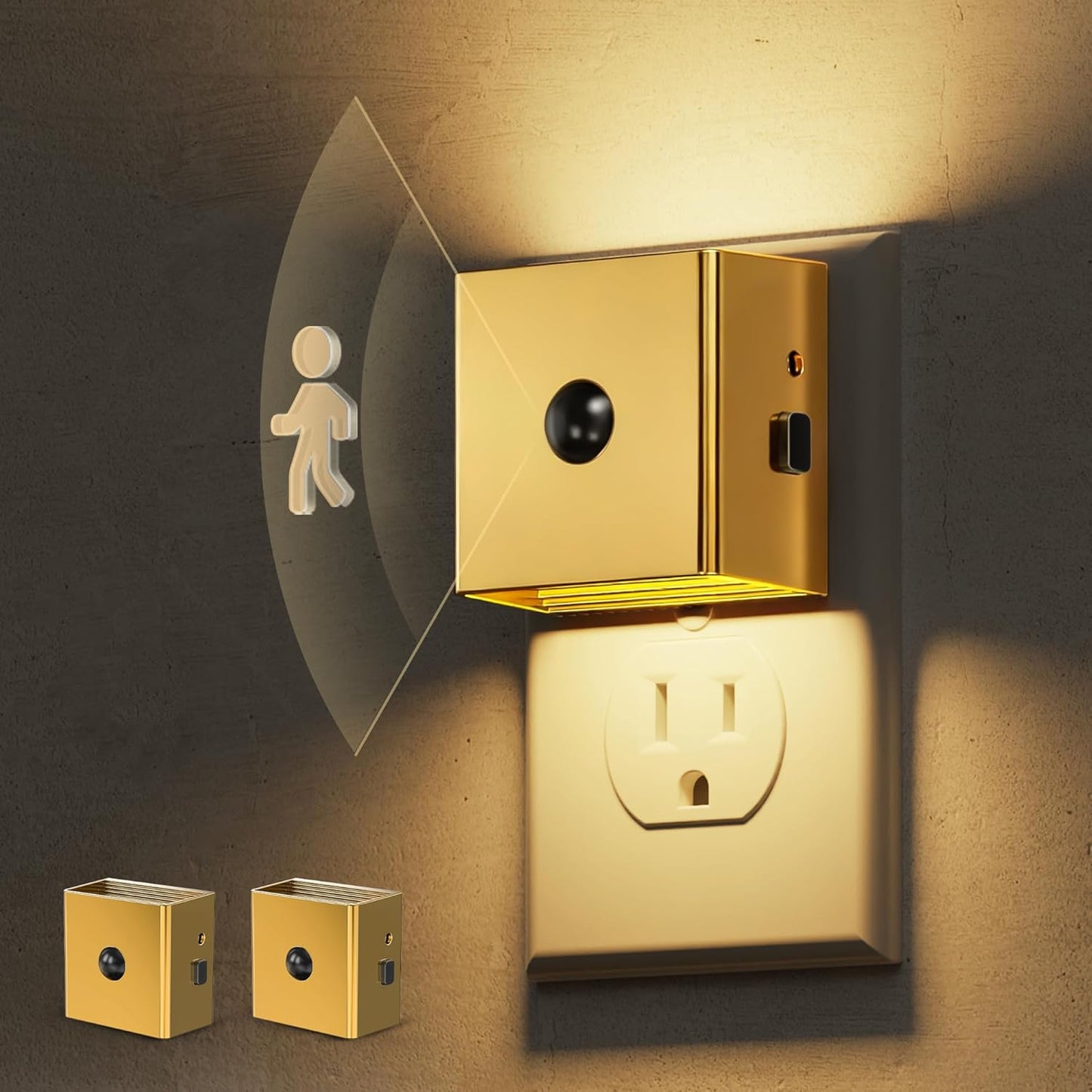 L LOHAS LED Night Light,Plug in Night Light with Motion Sensor and Dusk to Dawn Sensor, Brightness Adjustable,3000K Soft White, Gold Nightlight for Bathroom Hallway Kitchen