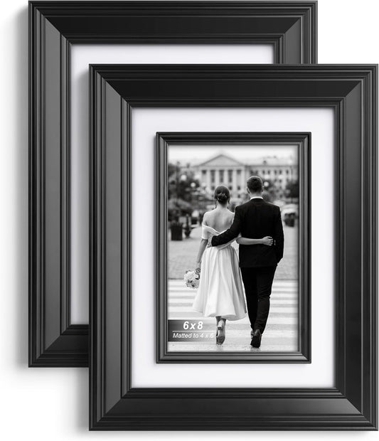 Yaetm 6x8 Black Picture Frame with Decorative Inner Frame & Tempered Glass, Display 4x6 Photos with Mat - Portrait or Landscape - Tabletop & Wall Mount for Office & Home Décor (Black, 2 Pack)