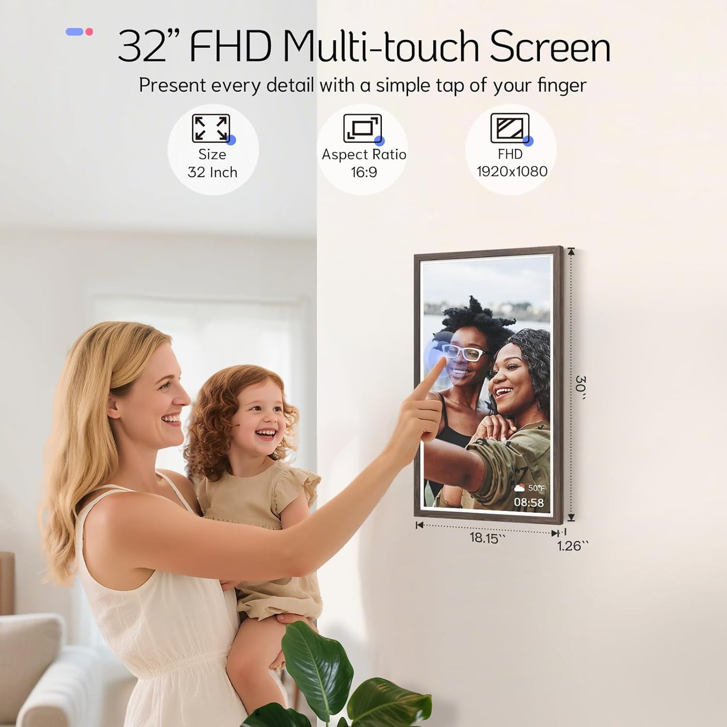 NexFoto Large Digital Picture Frame 32 Inch Touchscreen, 64GB WiFi Electronic Photo Frame FHD 1920 * 1080, Add Photos from Google Photos, Share Videos, Gifts for Christmas/Mom/Grandparents, Dark Wood
