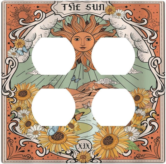 Boho Retro Sun Sunflower Vintage Flower Butterfly Outlet Covers 2 Gang Double Duplex Decorative Light Switch Covers Electrical Wallplates Socket Faceplate for Farmhouse Home Decor