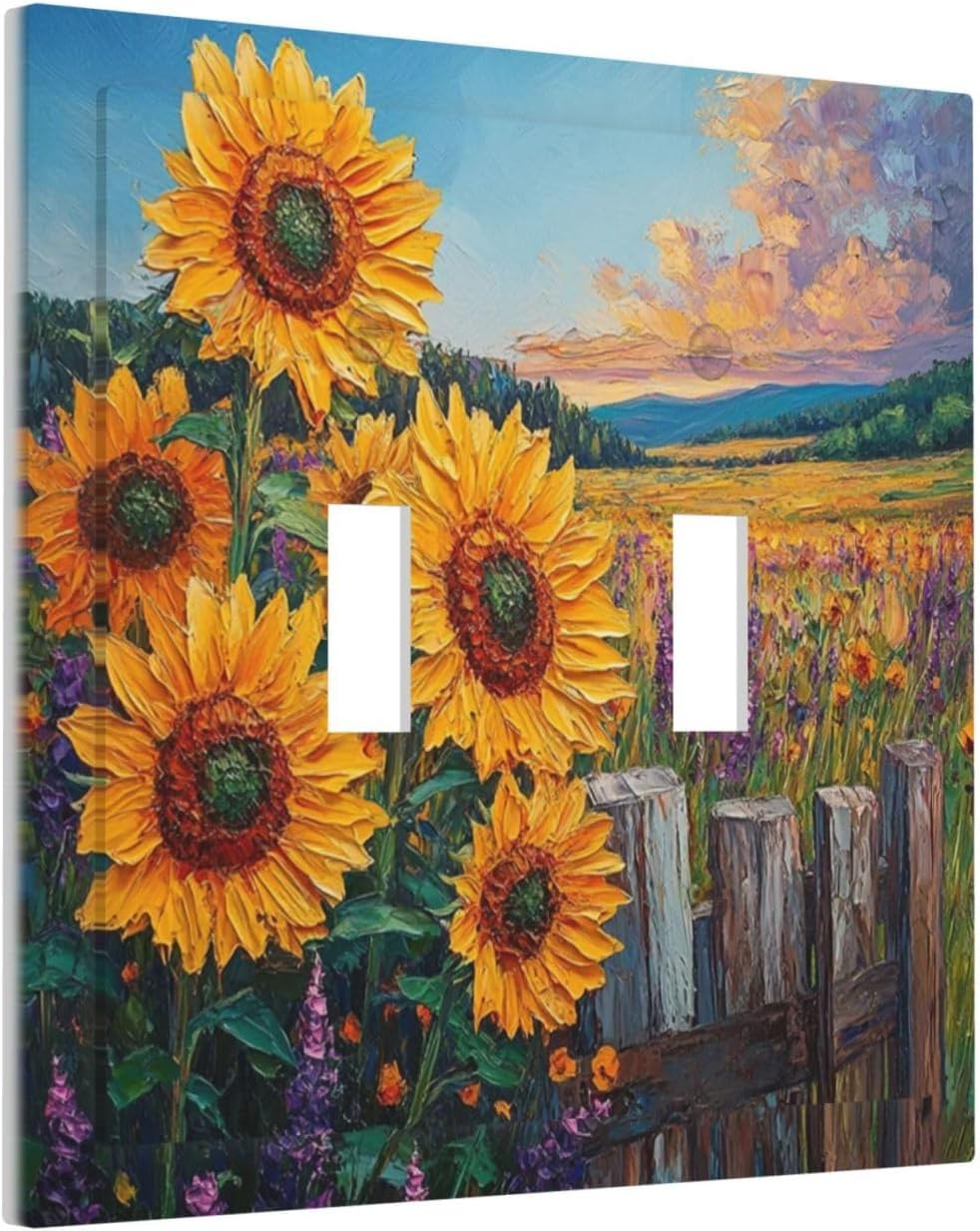 Decorative Light Switch Cover Plate Rustic Wilderness Sunflower Lavender Muzha Oil Painting 2 Gang Wall Plate Oversized Double Toggle Two Switch Wall Cover Plate Faceplate