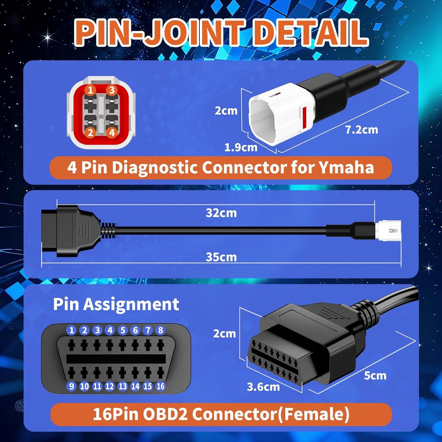 OBD2 Adapter Cable Fits for Yamaha Motorcycles and ATVs, 4Pin to 16Pin OBD2 Diagnostic Adapter Cable Works with All OBDII Scanner