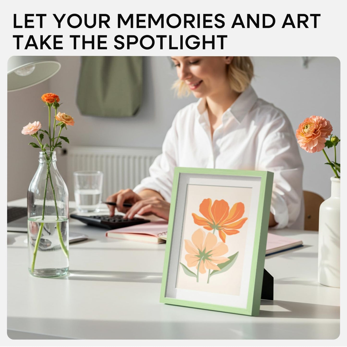 Homeforia Sage Green 6x8 Picture Frame, High End Metal 6 x 8 Frames with Mat 5 x 7 for Photo, 6by8 Desk Frame Matted to 5x7 inch Art, 6 by 8 Wall or Tabletop Frames, Tempered Glass, Wall Kit, Set of 1