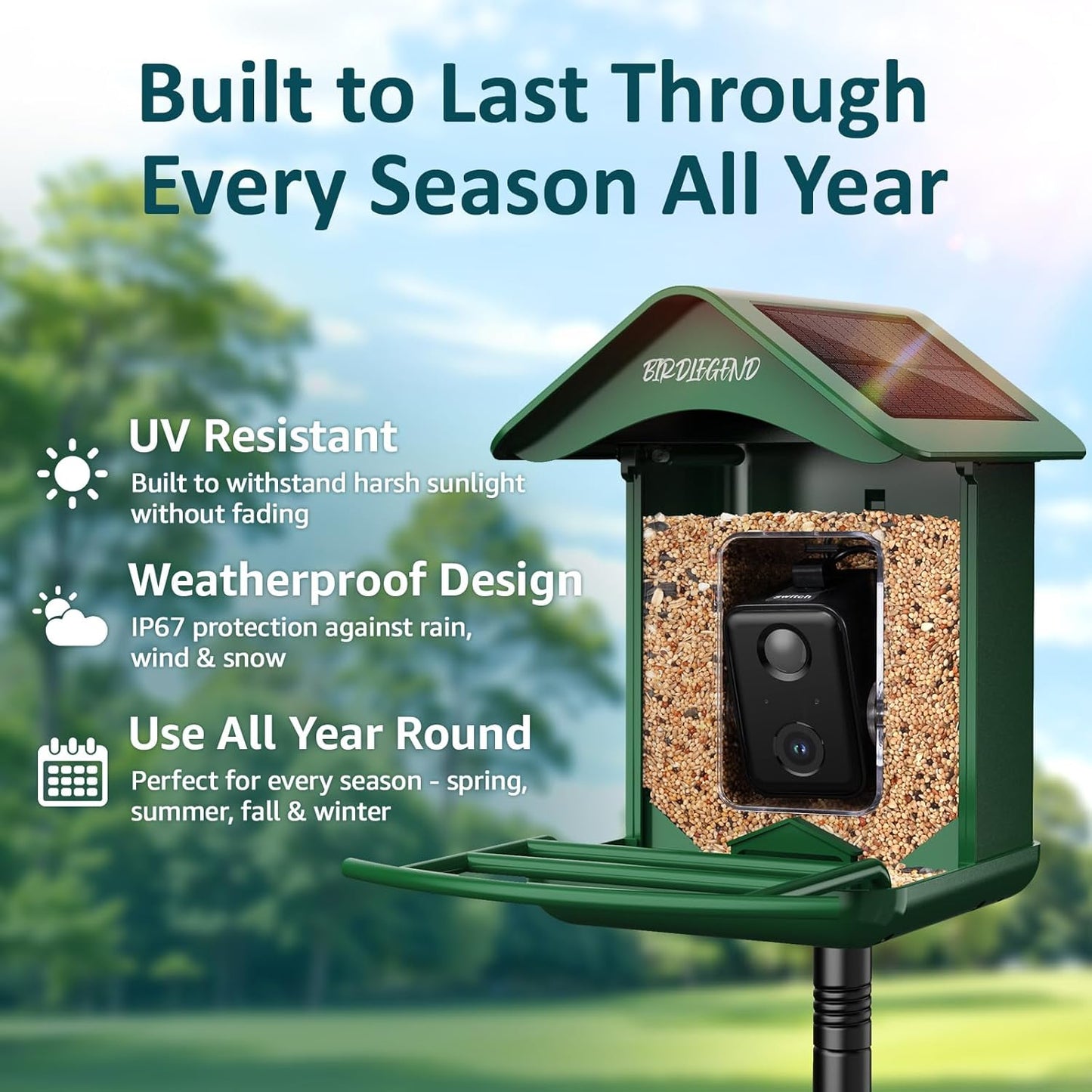 BIRDLEGEND® Bird Feeder with Camera Solar Powered, 2K Portrait Live Free AI Forever Instant Arrival Alerts with 64GB Card, Smart Camera Birds Feeders Wireless Outdoor Gift for Bird Lover, 2.4G WiFi