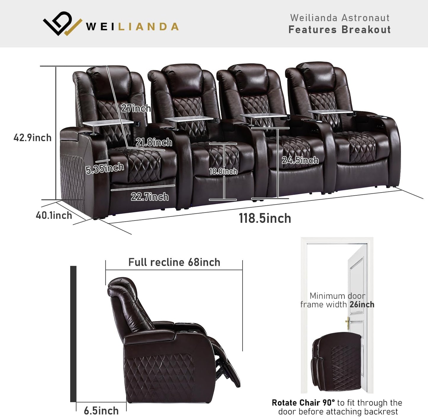 Weilianda Home Theater Seating Top Grain Leather Zero Gravity Recliner Chair Power Headrest Recline Movie Seat Gaming 7 Colors Mood Light Sofa with Tray Table USB Charge Row of 4 Brown