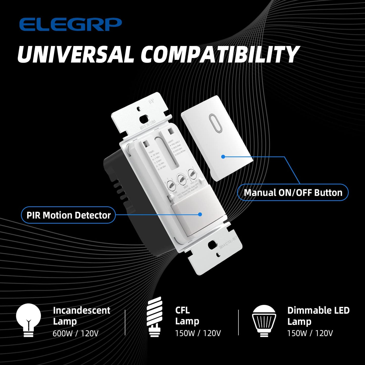 ELEGRP Single Pole Occupancy Motion Sensor Light Switch, PIR Infrared Motion Activated Switch, Need Grounding Wire, No Neutral Wire, for CFL/LED/Incandescent, with Plate, UL(2 Pack, Matte White)
