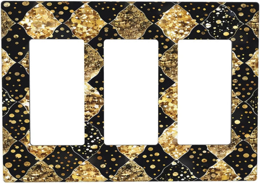 Gold Black Marble Geometric Plaid Glitter Light Switch Covers 3 Gang Rocker Decorative Triple Outlet Wall Plate Cover Electrical GFCI Switchplate for Bedroom Bathroom Decor