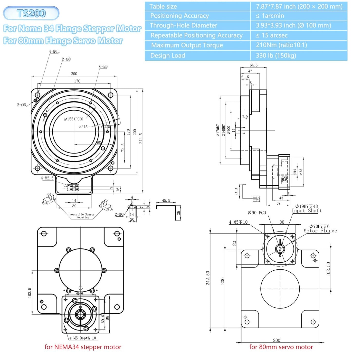 Hollow Rotary Platform Positioner Actuator High Accuracy 360 Degree Electric Indexing Table Rotating Table for NEMA34 Stepper Motor / 80mm Servo Motor Replace DD Motor Cam Indexer