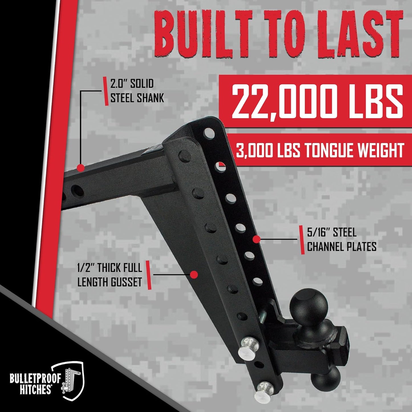 BulletProof Hitches - 2.0" Adjustable Heavy Duty Trailer Hitch (22,000 lb. Rating) - 12" Drop/Rise Trailer Hitch with 2" & 2-5/16" Dual Ball - Powder Coat, Solid Steel, Corrosion-Resistant